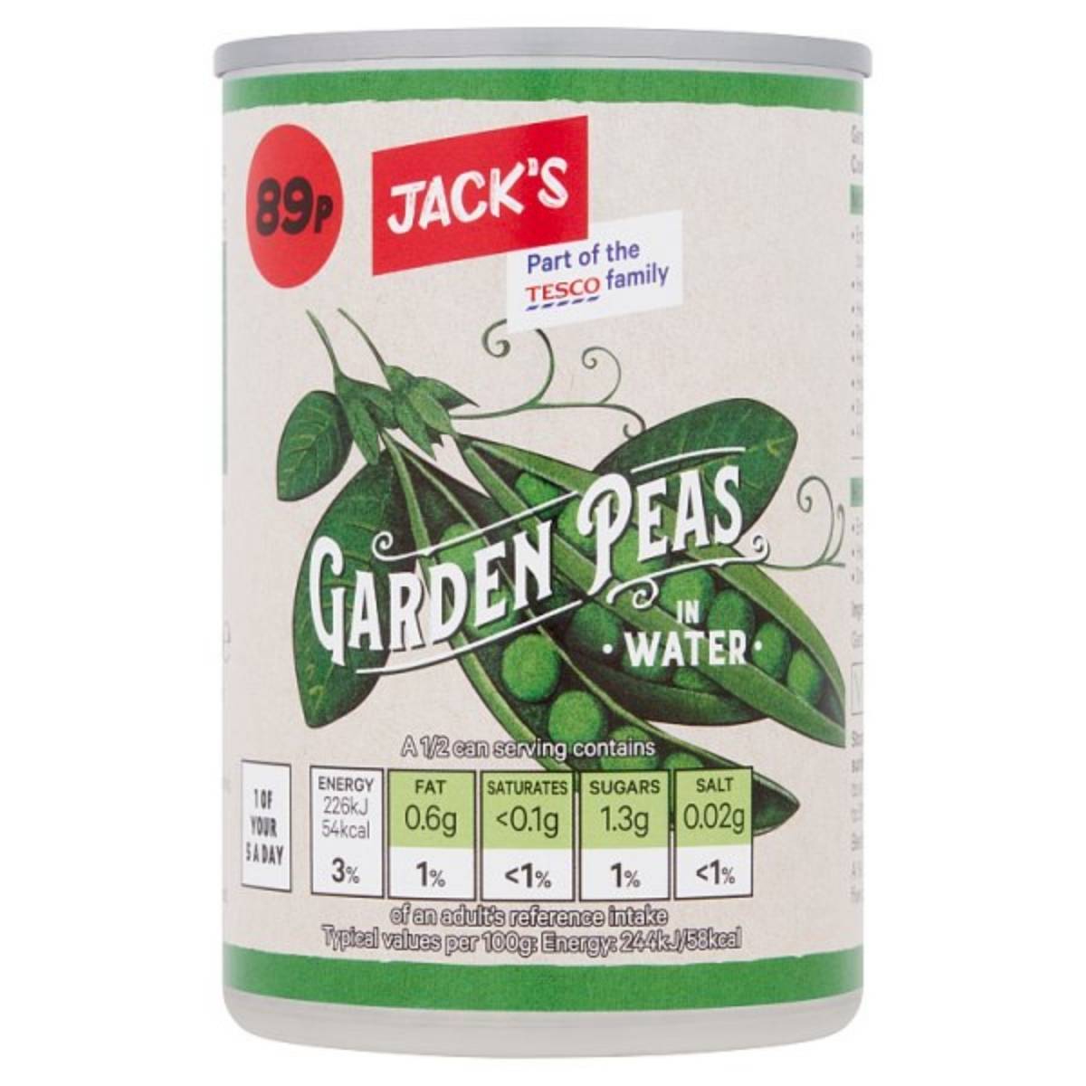 A 300g can of Jack's Garden Peas in Water, costing 89p, includes nutritional information and is labeled with "Part of the Tesco family.