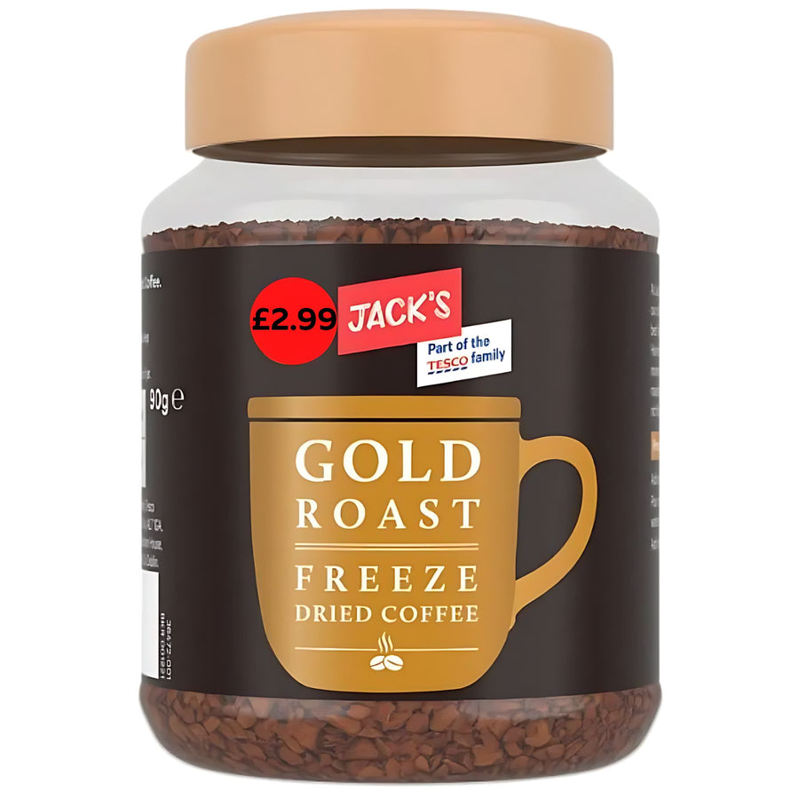 A 90g jar of Jacks Gold Roast Freeze Dried Coffee with a tan lid, priced at £2.99, features a brown cup graphic and Jacks branding.