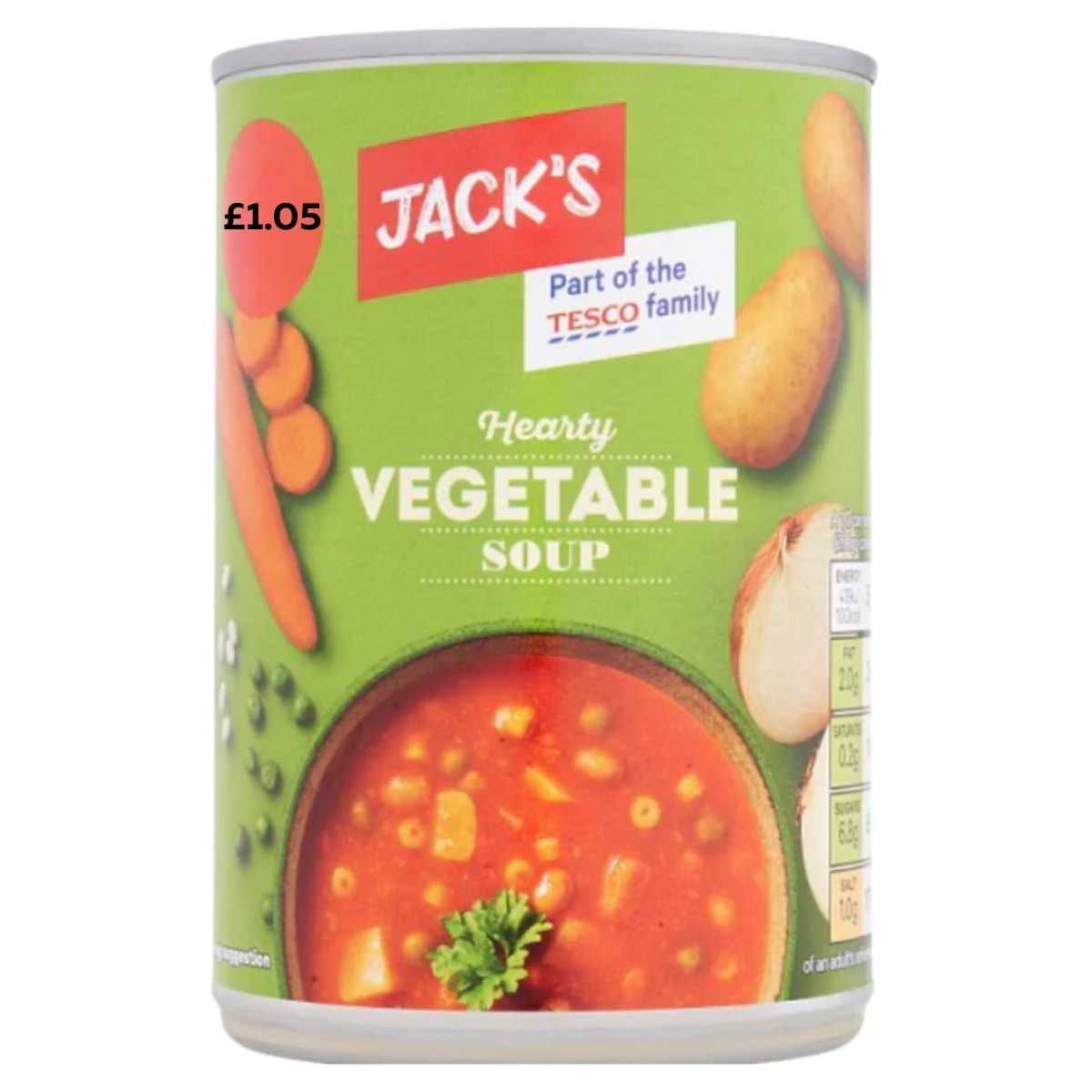 A 400g tin of Jacks Hearty Vegetable Soup features a green label with fresh vegetable images and a £1.05 price sticker—ready to eat for any meal.