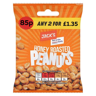 Packet of Jacks Honey Roasted Peanuts 55g, featuring Tesco branding and nutrition info, with an "85p or any 2 for £1.35" offer on pack—perfect as a tasty savoury snack.