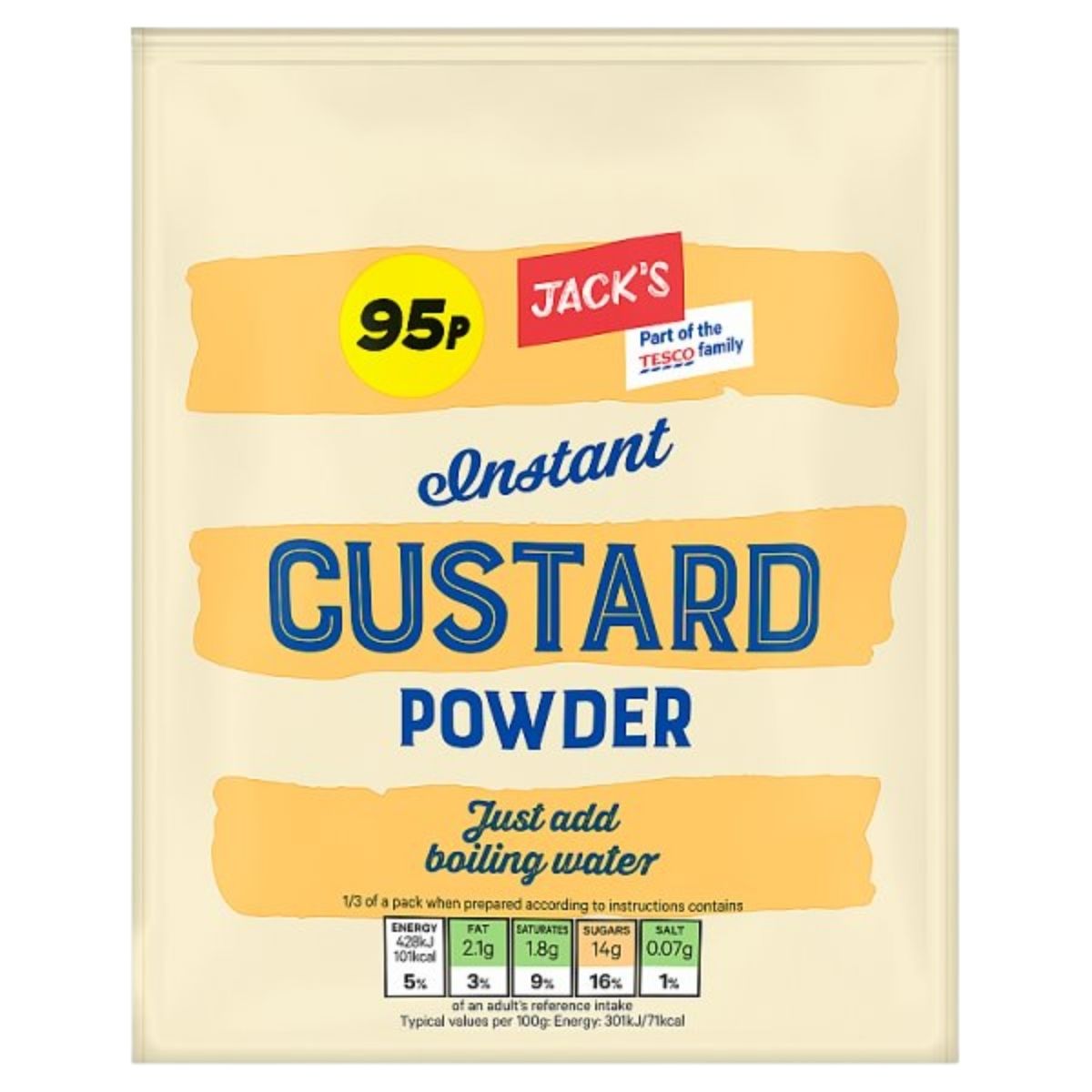 Pack of Jack's 72g instant custard powder with a yellow label and branding.