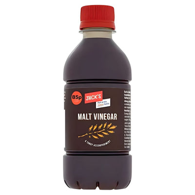 A 284ml bottle of Jacks Malt Vinegar with a red cap and brown label, made from quality barley malt, priced at 85p—ideal for adding flavor to your fish and chips.