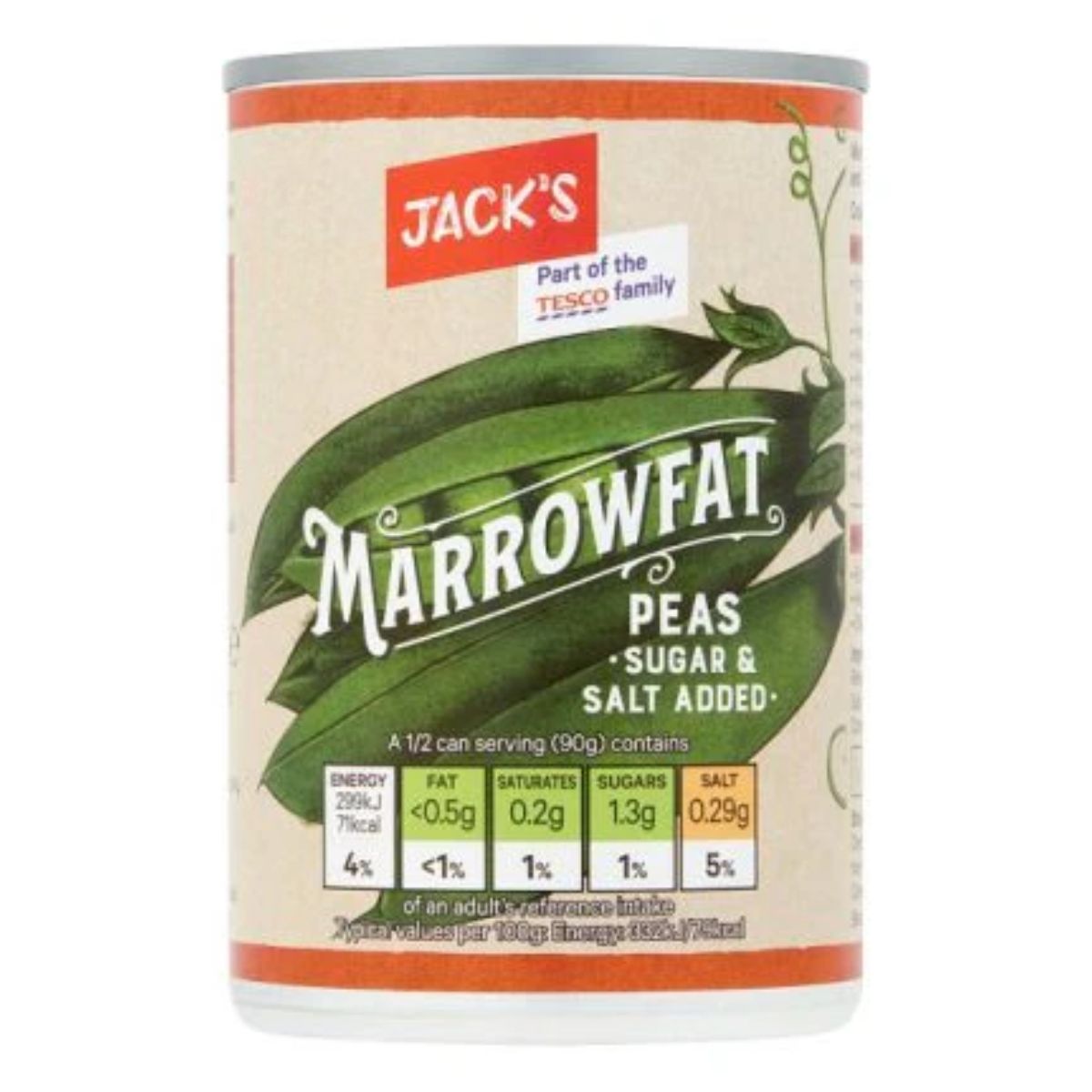 A can of Jacks Marrowfat Peas - 300g with added sugar and salt, displaying nutritional information and labeled "Part of the Tesco family.