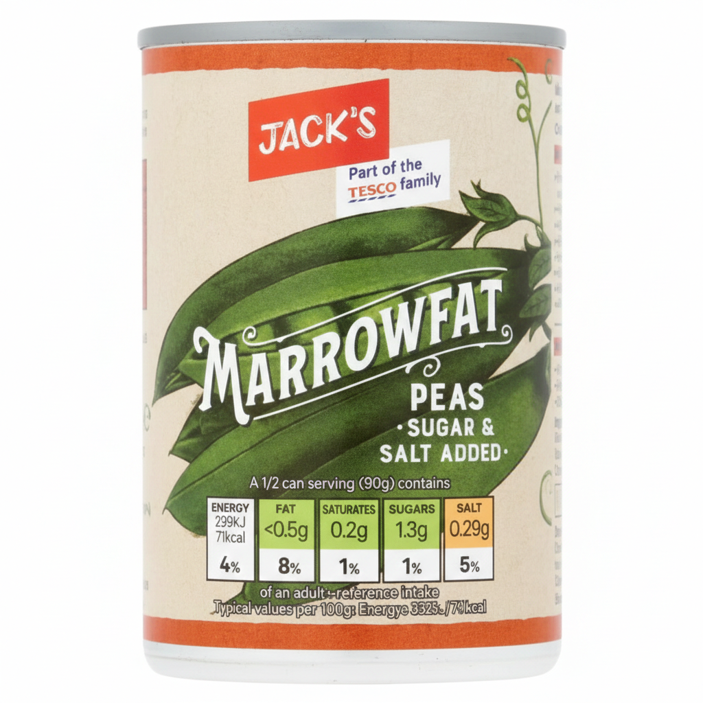A 300g can of Jacks Marrowfat Peas, a classic British staple with added sugar and salt, features full nutrition information on the label.