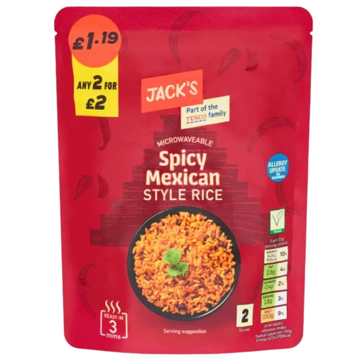 A 250g Jacks Microwaveable Spicy Mexican Style Rice for £1.19, vegan, ready in 3 minutes, comes in a red pack with nutritional info displayed.
