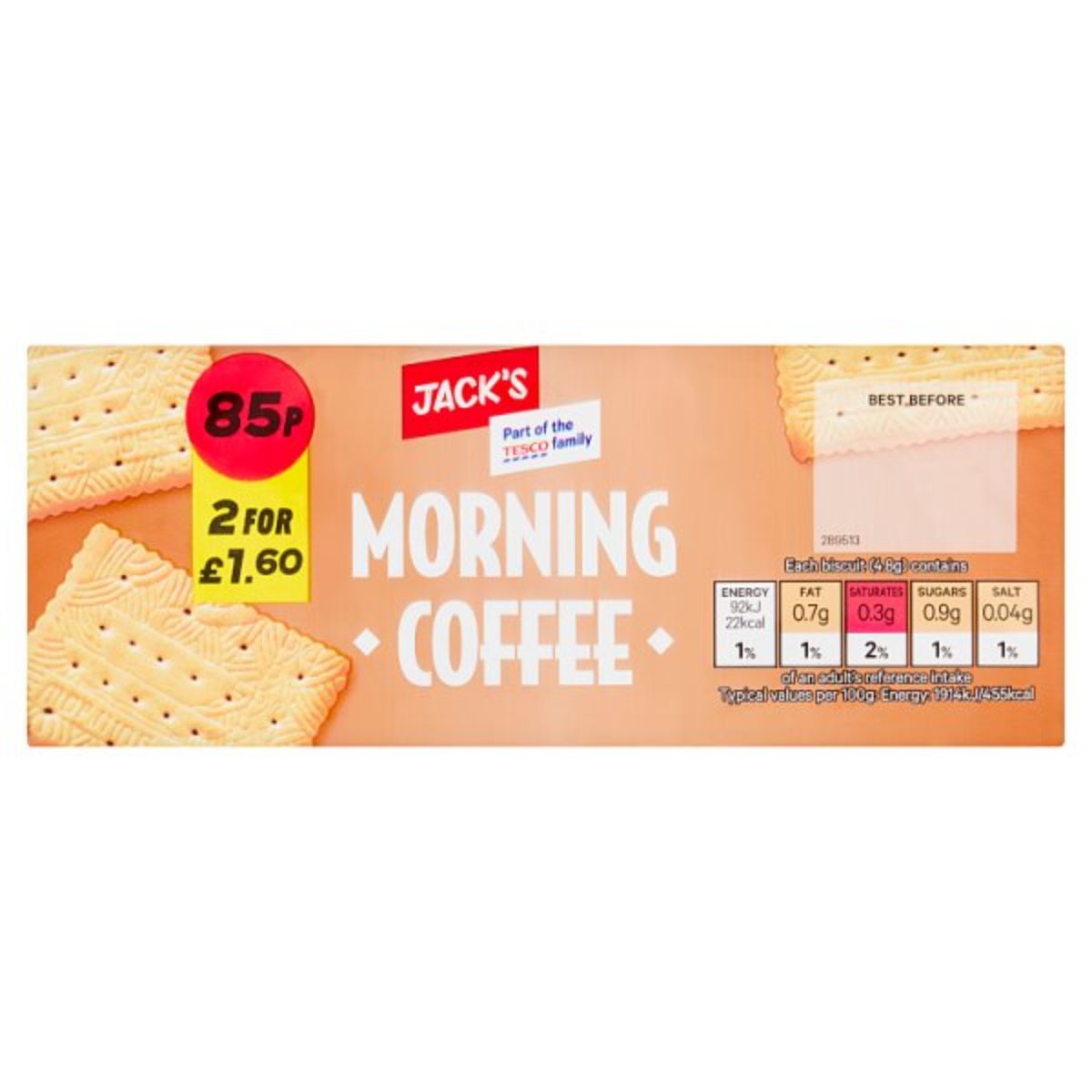 For 85p, you can get a pack of Jacks Morning Coffee Biscuit - 150g, or purchase two packs for £1.60; nutritional information is available on the packaging.