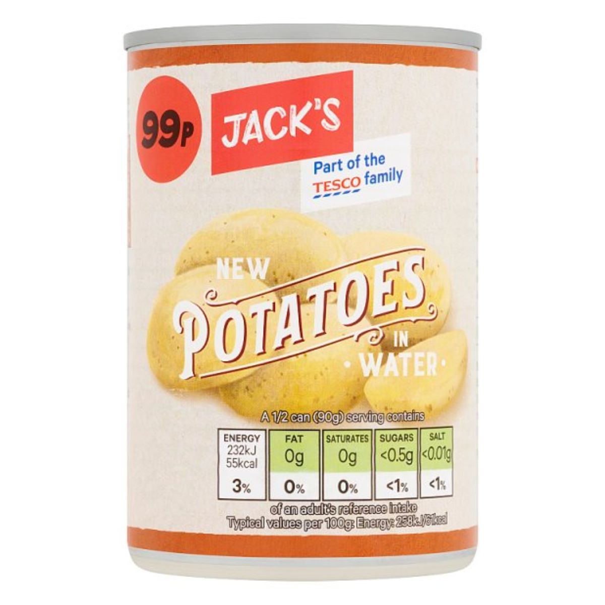 A can of Jacks - New Potatoes in Water - 300g with nutritional information displayed, indicating it is part of the Tesco family.