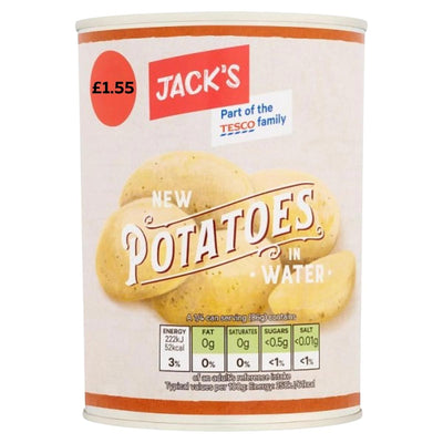 A 560g can of Jacks New Potatoes in Water with nutrition info, priced at £1.55, from the Tesco family.