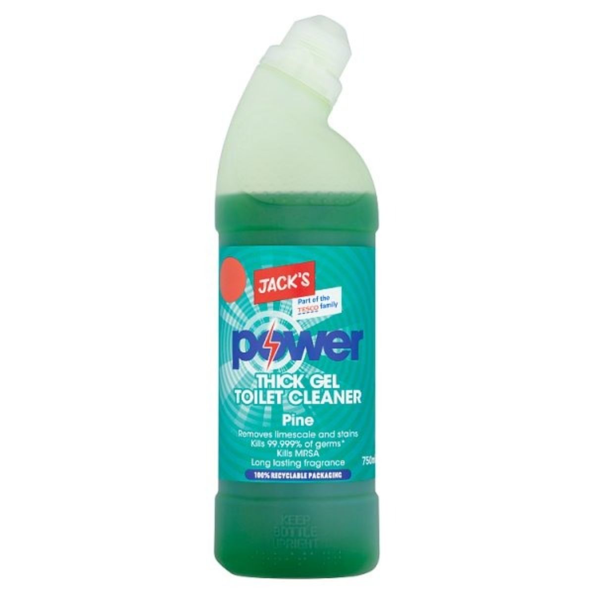 A bottle of Jacks - Power Thick Gel Toilet Cleaner Pine - 750ml with a green color.