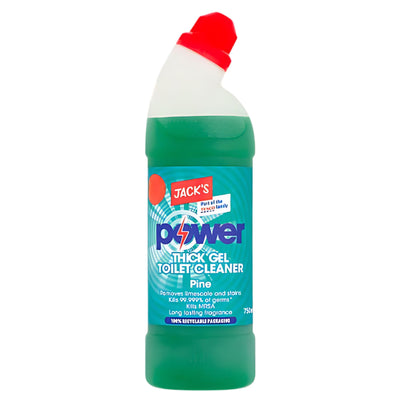 Jacks Power Thick Gel Toilet Cleaner Pine 750ml features a red cap and green liquid, formulated to remove limescale and stains, leaving your toilet fresh and clean with a pine scent.