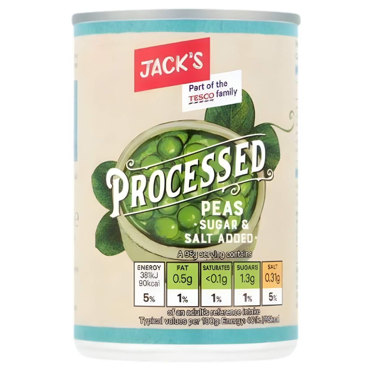 Jacks Processed Peas (300g) with sugar and salt added deliver a garden-fresh taste. The label features nutrition info and shows it’s part of the Tesco family.