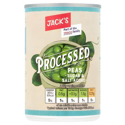 Jacks Processed Peas (300g) with sugar and salt added deliver a garden-fresh taste. The label features nutrition info and shows it’s part of the Tesco family.