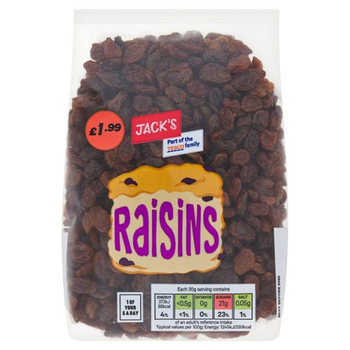 A 375g bag of Jacks Raisins, priced at £1.99, features the label "Part of the Tesco family" and provides nutritional information for a 30g serving.