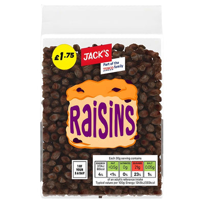 A clear plastic pack of Jack's Raisins - 375g, featuring sun-dried fruit, displays a £1.75 price sticker and nutritional information on the front label.
