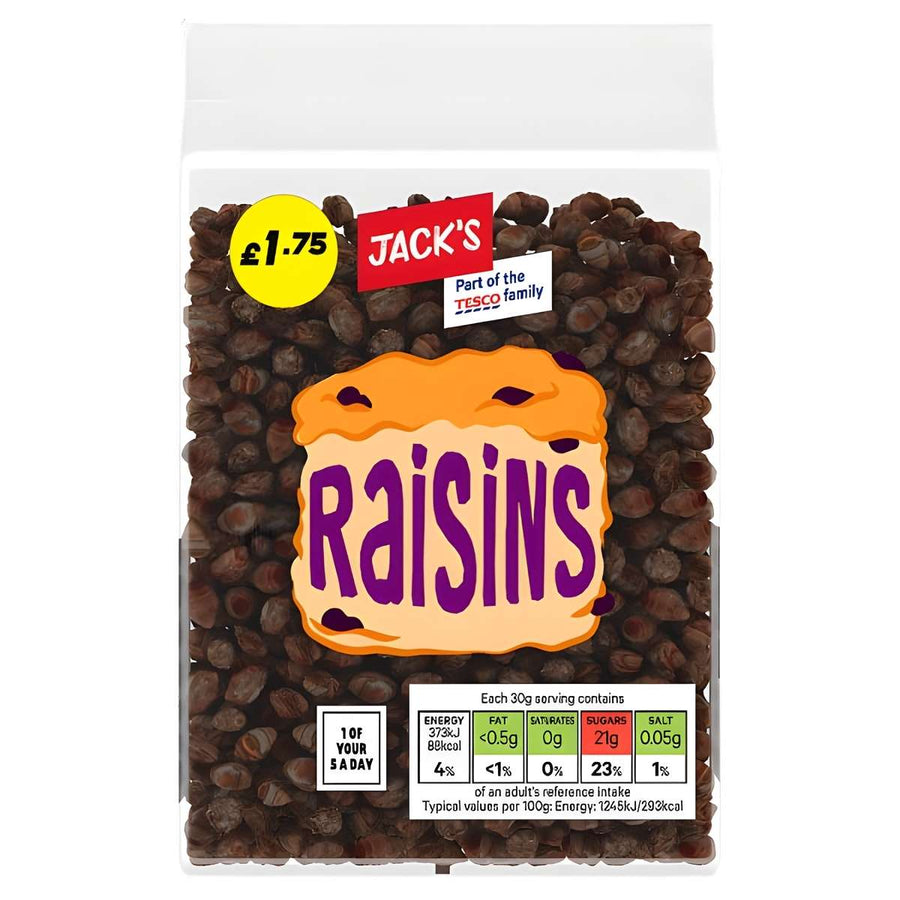 A clear plastic pack of Jack's Raisins - 375g, featuring sun-dried fruit, displays a £1.75 price sticker and nutritional information on the front label.