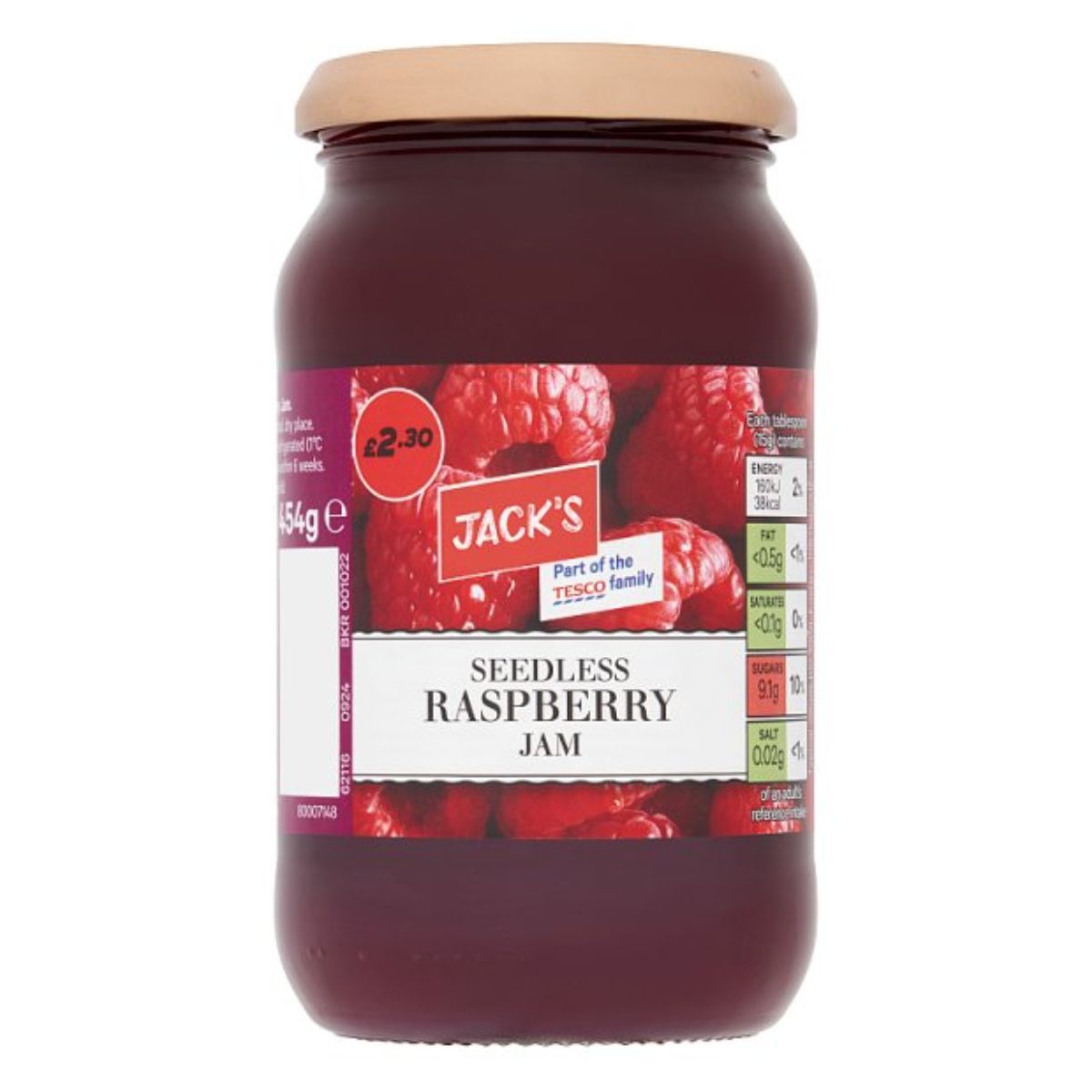 A jar of Jacks - Raspberry Jam - 454g on a white background.