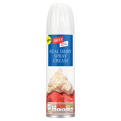 A 250g can of Jacks Real Dairy Spray Cream by Jacks, made with real dairy cream, shows sweetened whipped cream over strawberries and includes nutritional info on the front label.