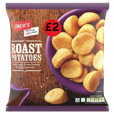 A 750g bag of Jacks Roast Potatoes, priced at £2, features golden roast potatoes on a purple plate and states these ready-to-cook potatoes can be oven cooked from frozen in 35 minutes.