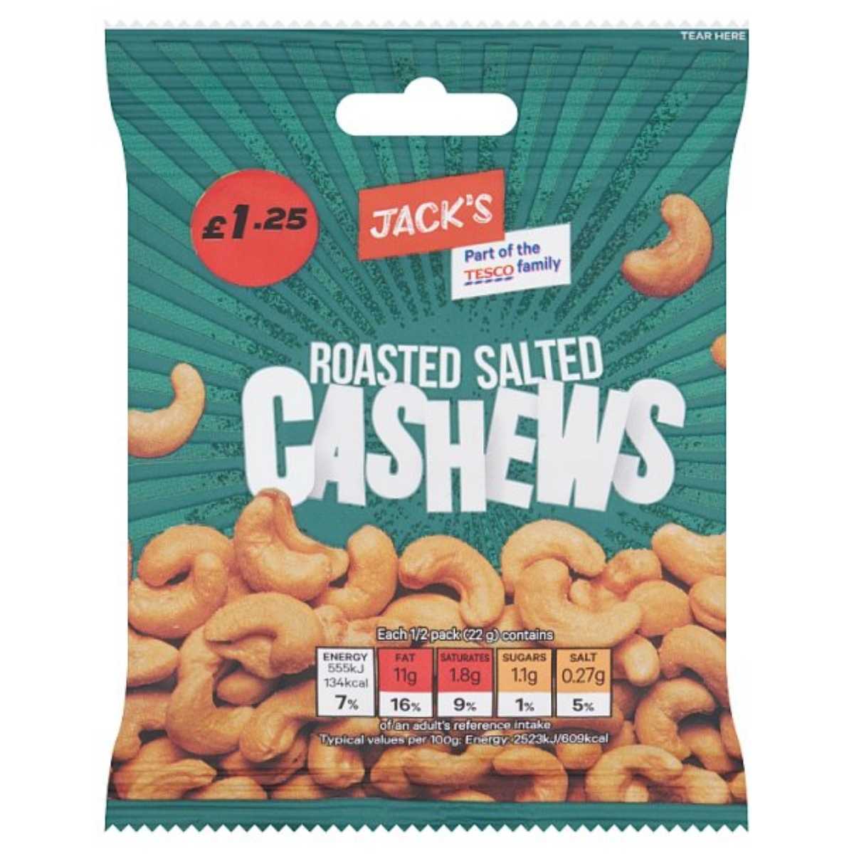 A 45g pack of Jack's Roasted Salted Cashews is priced at £1.25, with nutritional information provided at the bottom of the package.