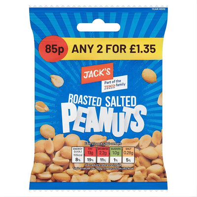 A 75g blue pack of Jacks Roasted Salted Peanuts, a tasty protein snack, with price offers and nutrition details shown on the front.