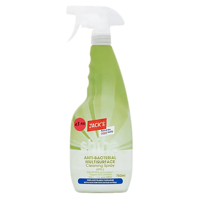 Jack's Shine Anti-Bacterial Multisurface Cleaning Spray, 750ml, delivers powerful cleaning for all surfaces with a fresh apple scent, featuring a white spray nozzle and green label for easy use and freshness.
