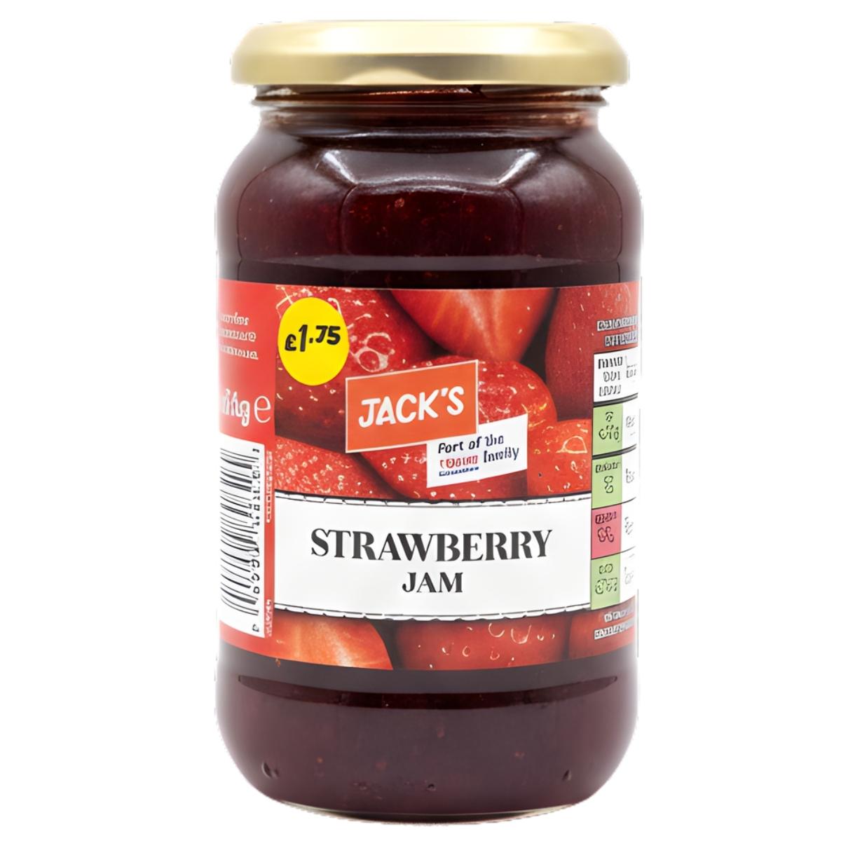 A 454g glass jar of Jacks Strawberry Jam with a gold lid, red strawberry label, and £1.75 price sticker.
