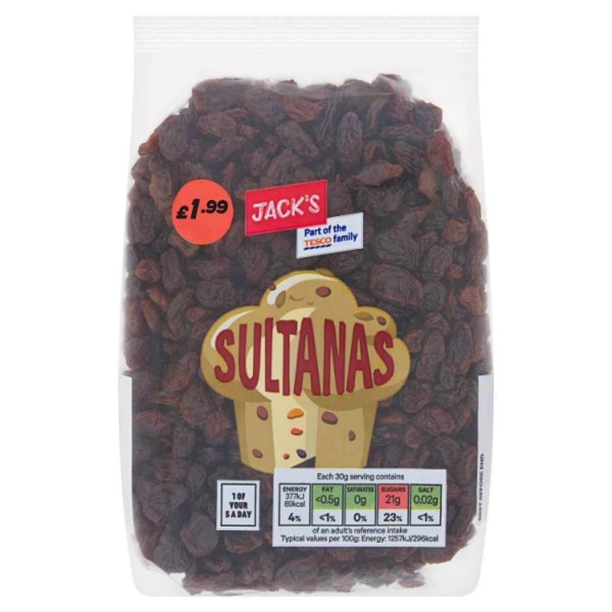 A 375g package of Jacks Sultanas, priced at £1.99, includes nutritional information and a label stating "Part of the Tesco family.