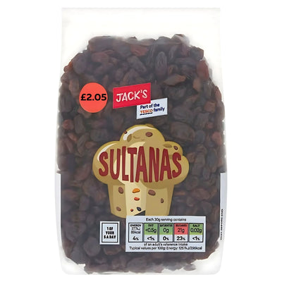 A 375g clear plastic bag of Jack's Sultanas with a muffin graphic, priced at £2.05 and nutrition info below—Jack's Sultanas are perfect for a naturally sweet, nutritious snack.