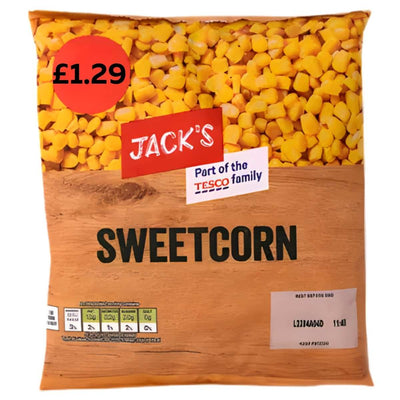Jack's Sweet Corn, 450g tin, just £1.29. Look for the corn kernels on the packaging and the label "Part of the Tesco family." Perfect for quick meals!.