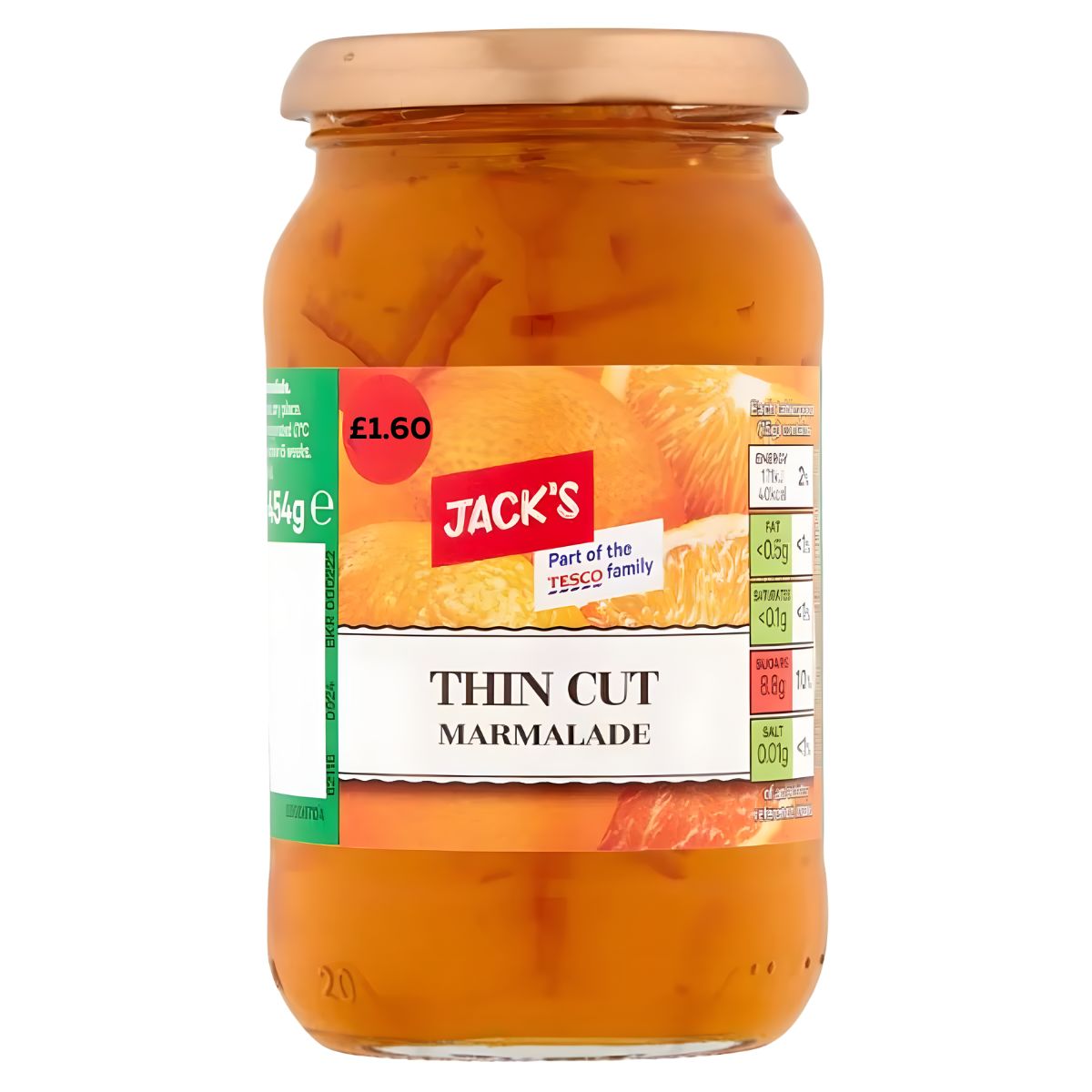 A 454g jar of Jacks Thin Cut Marmalade, a tasty citrus spread with an orange label, priced at £1.60.