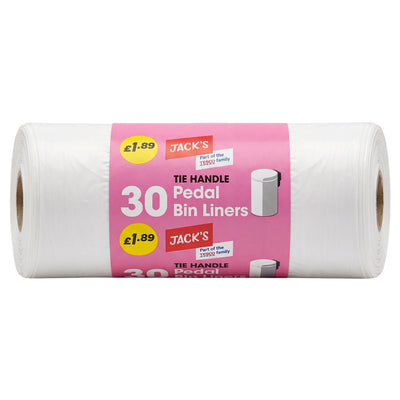 A roll of 30 tie-handle pedal bin liners by Jack's, wrapped in a pink paper band with yellow price stickers, on a plain white background.