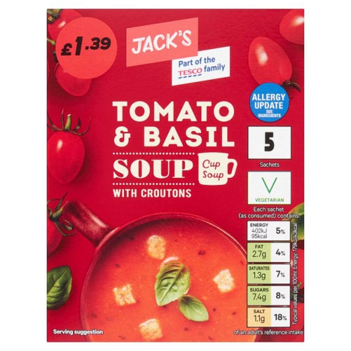 Image of Jacks - Tomato & Basil Soup with Croutons 120g packaging, featuring details like price £1.39, containing 5 sachets, and marked with a vegetarian label. Highlighting its rich ingredients such as tomato powder and croutons, it also provides an allergy update and nutritional information.