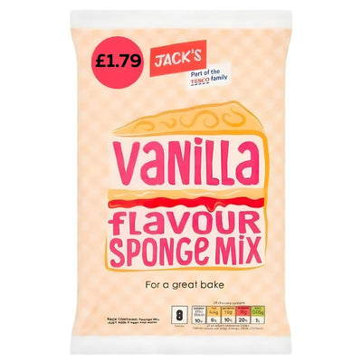 Jacks Vanilla Flavour Sponge Mix 400g—ideal for baking tasty vanilla cake, featuring a slice of cake image. Only £1.79 and part of the Tesco family.