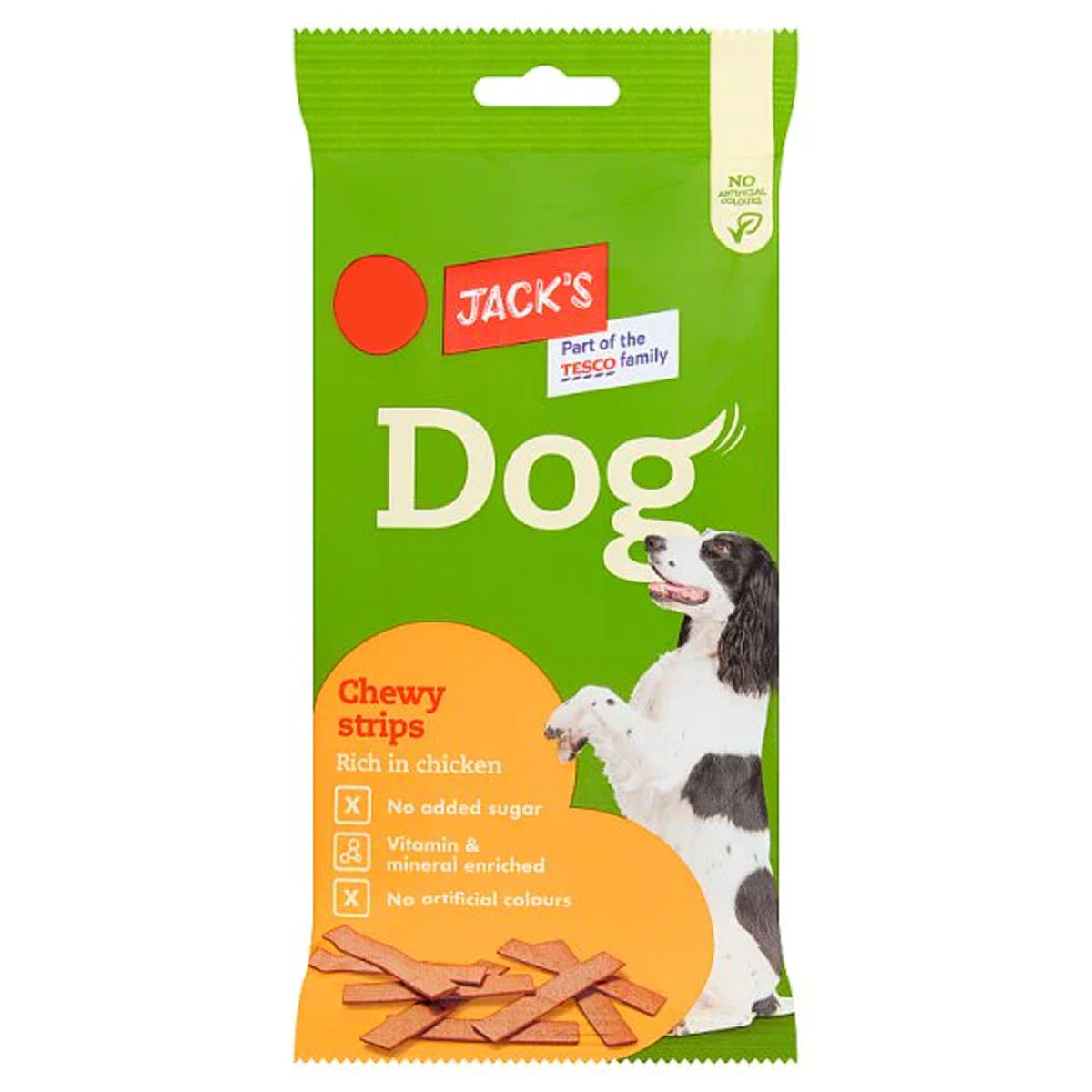 The green package of Jacks - Dog Chewy Strips Rich in Chicken - 150g features a dog standing, is enriched with vitamins and minerals, contains no added sugar or artificial colors, and is perfect for healthy teeth and gums.