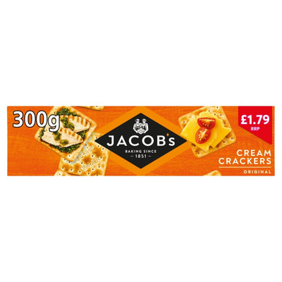 Jacob's Cream Crackers 300g pack, featuring images of vegetarian crackers with cheese and herbs on the packaging; price marked at £1.79.