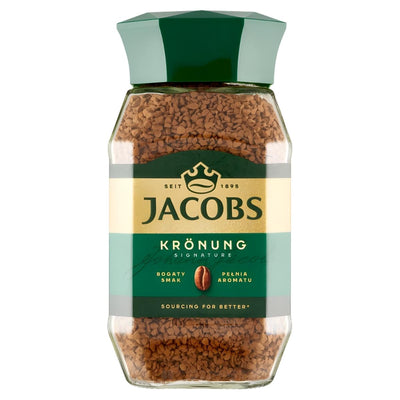 A 200g glass jar of Jacobs Kronung Ground Coffee by Jacobs, featuring a green lid and gold and green label.