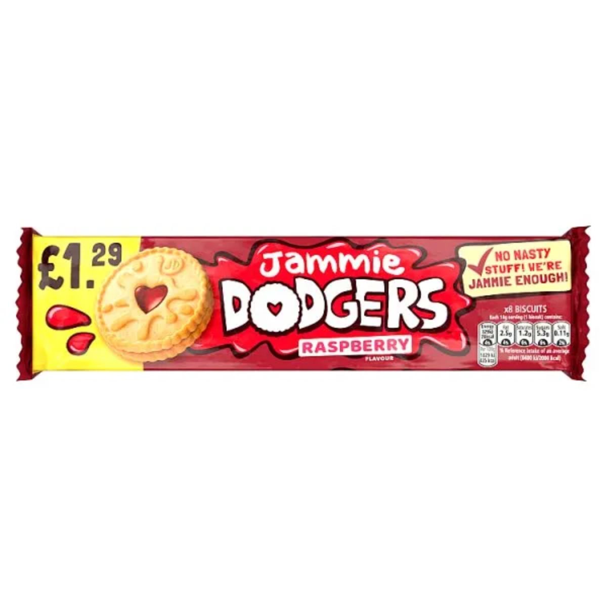 A 140g package of Jammie Dodgers Raspberry Flavour Biscuits, featuring the product logo, is priced at £1.29.