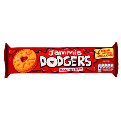 A red pack of Burton's Jammie Dodgers – Raspberry Flavour Biscuits (140g), showing a heart-shaped, jam-filled shortcake biscuit on the left with white and yellow branding.