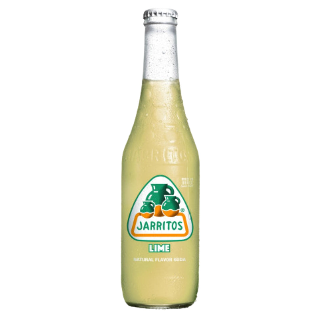 A 370ml glass bottle of Jarritos - Lime Natural Flavour Soda, featuring a green and orange label, is displayed against a white background.
