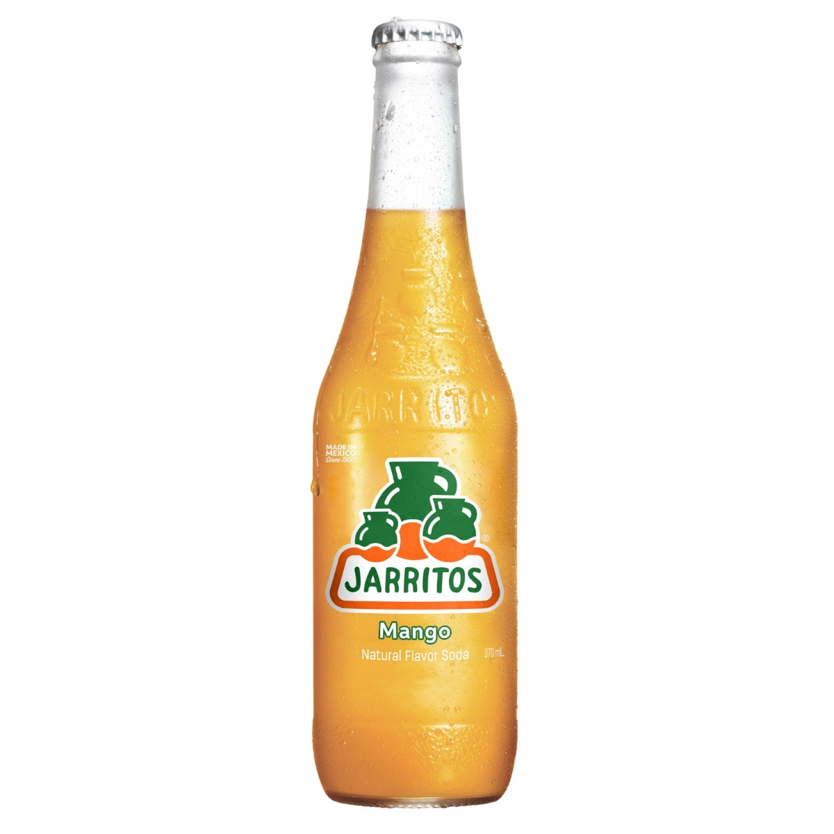 A glass bottle of Jarritos - Mango Natural Flavour Soda - 370ml filled with a tropical fizzy drink.