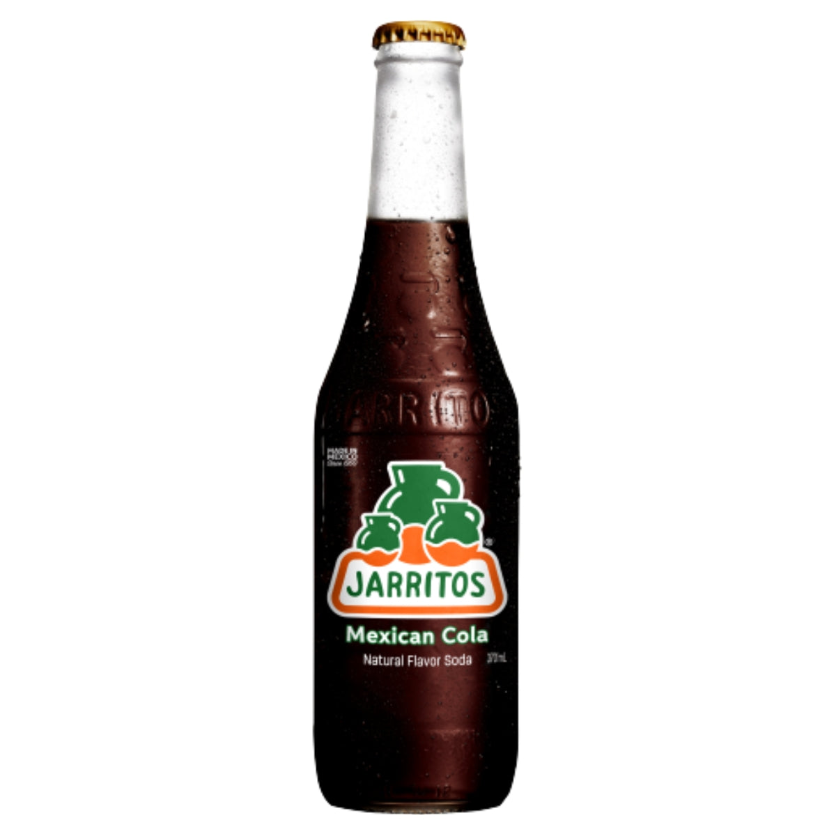 A 370ml glass bottle of Jarritos - Mexican Cola Natural Flavour Soda, chilled with visible condensation, featuring the Jarritos logo and branding on the label.