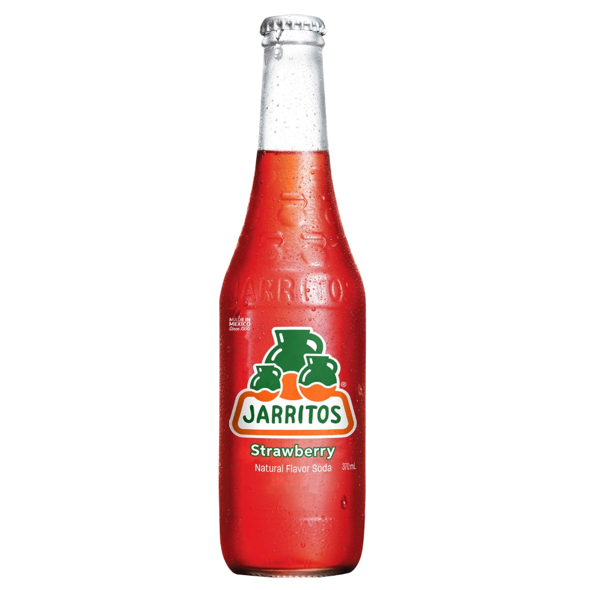 A 370ml glass bottle of Jarritos - Strawberry Natural Flavour Soda from Jarritos, featuring vibrant red soda with condensation on the outside, set against a white background.