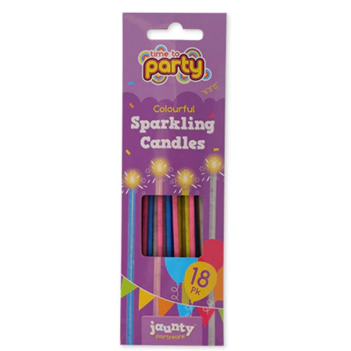 The "Time to Party" Jaunty Sparking Candles 18-pack by Jaunty Partyware, perfect for celebrations, adds color and sparkle to any event.