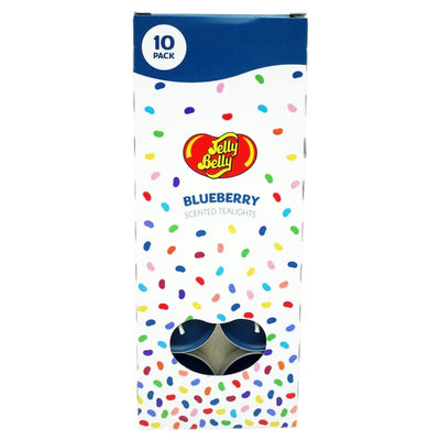 Jelly Belly - Blueberry Scented Tealight Candles, 10 Pack, features a windowed box with colorful dot design—perfect for fans of fruity aromas and stylish décor.