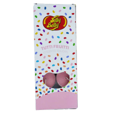 A box of Jelly Belly - Tutti Fruitti Scented Tealight Candles (10 Pack) sits on a white background with a colorful jelly bean pattern, showing two pink tealights through a cutout window. Brand: Jelly Belly.