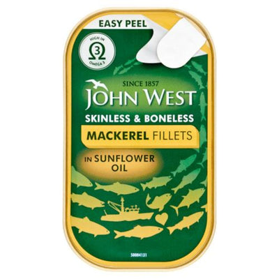 115g tin of John West mackerel fillets in sunflower oil, featuring an easy peel lid.