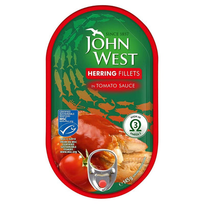 A 145g can of John West Herrings Fillets in Tomato Sauce highlights its omega-3 content and MSC certification.