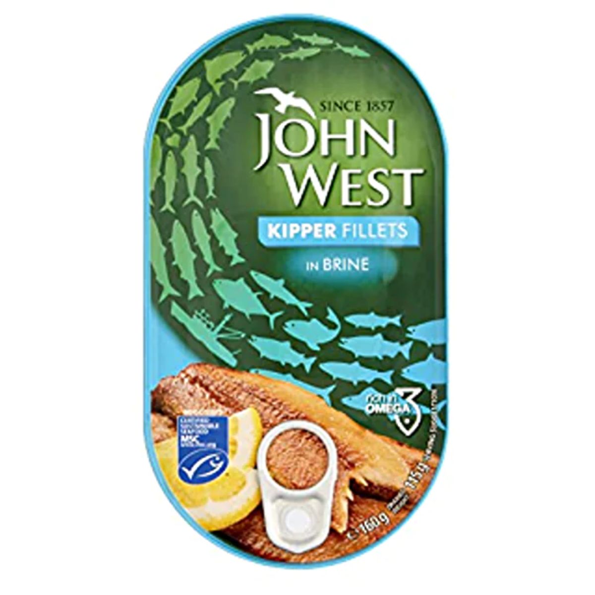 A can of John West - Kipper Fillets in Brine - 160g with omega 3.
