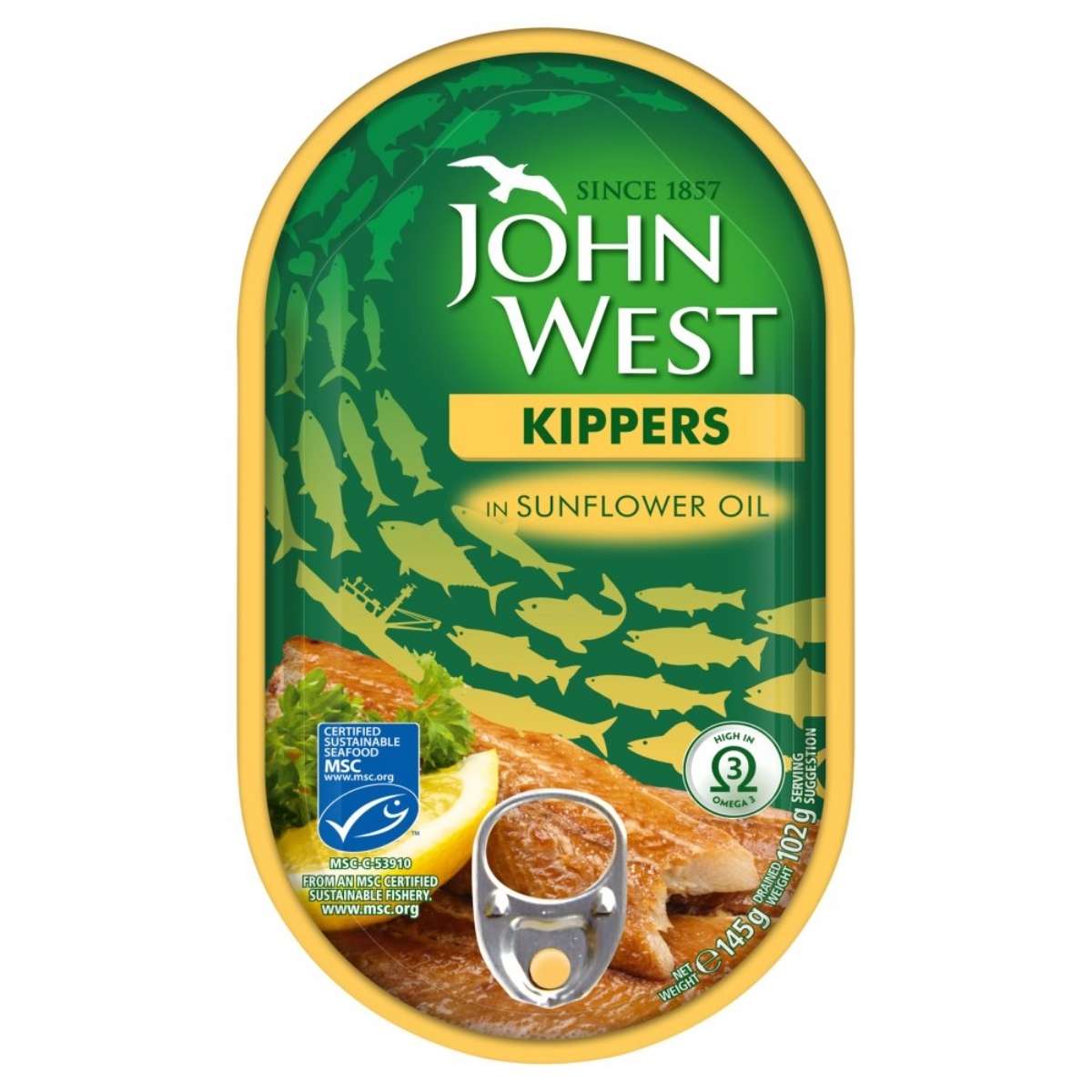 John West - Kippers in Sunflower Oil - 145g tin, featuring fish images and certifications on a green and yellow label.