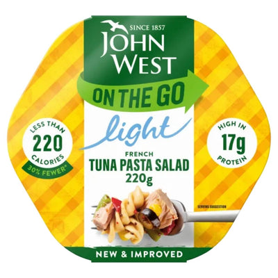The packaging for John West - Lunch on the Go French Style Tuna Salad, 220g, emphasizes that it contains fewer than 220 calories and boasts a high protein content of 17g.